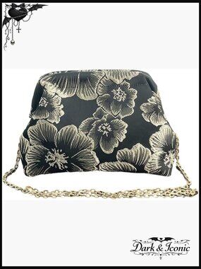 Flower Embroidery Kiss Lock Clutch Purse Shoulder Evening Handbag